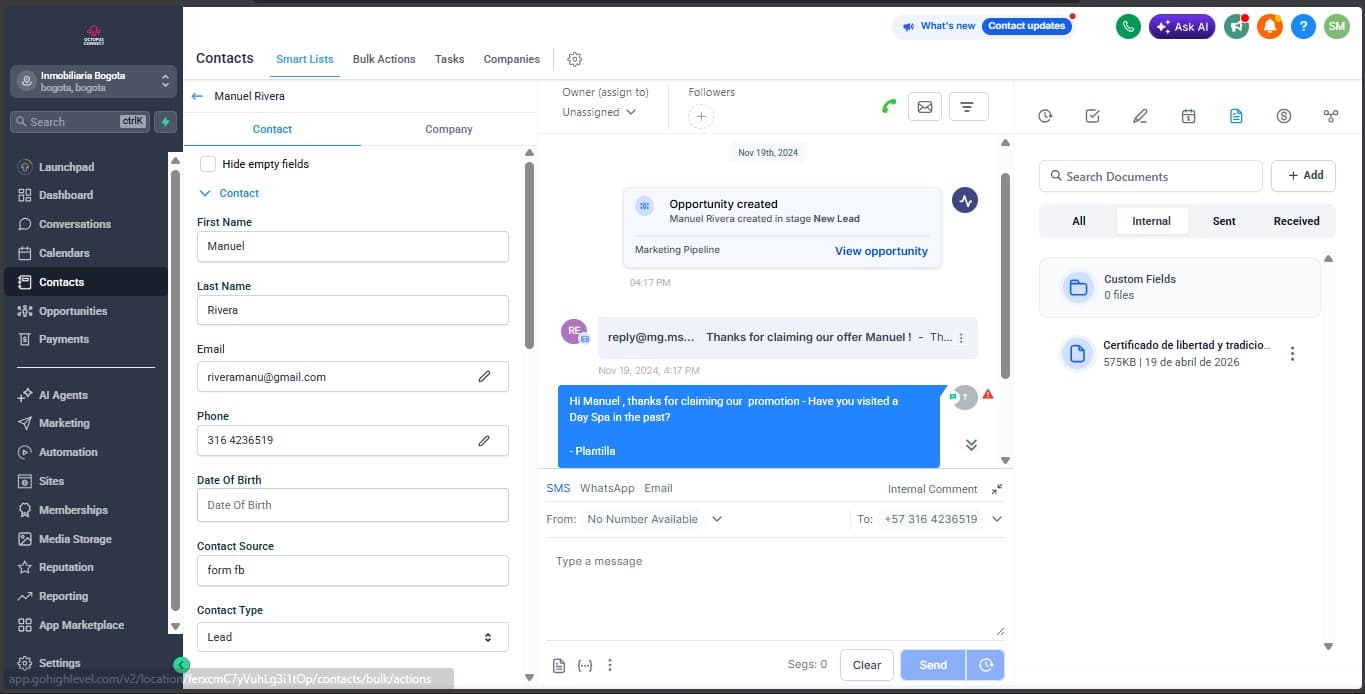 Centro de conversaciones de Octopus Connect: chat, contacto y documentos unificados
